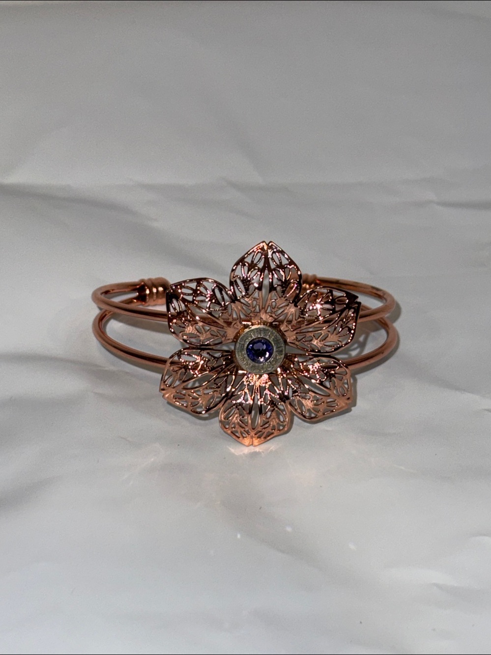 Rose Gold 9 MM Bullet Flower Cuff Bracelet with Purple Center Stone